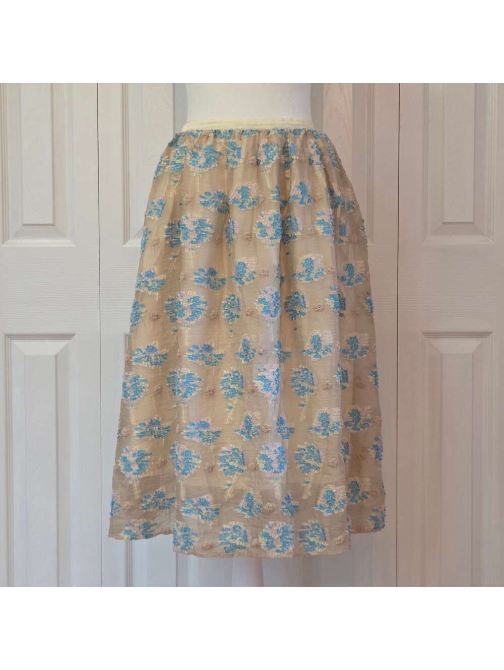 Japanese Coquette Textured Abstract Floral Midi Skirt Haupia XXS Cottage Beige
